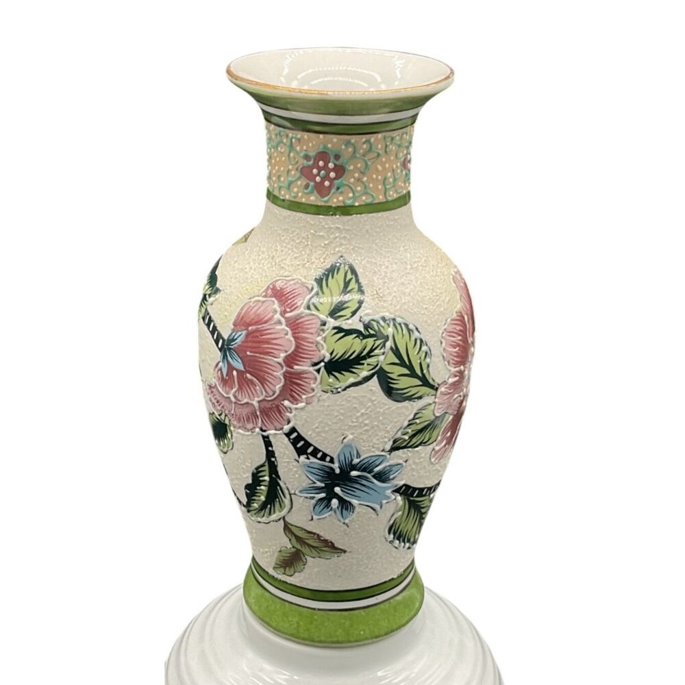Vtg Moriage Ceramic Vase With Floral Design & Textured Finish 8.5" x 4"W